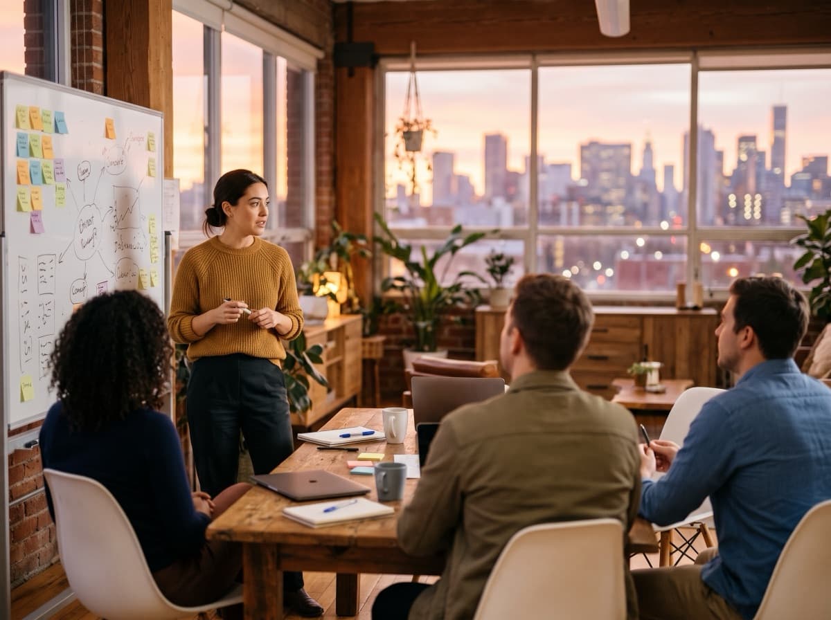 A team lead at a whiteboard with her team