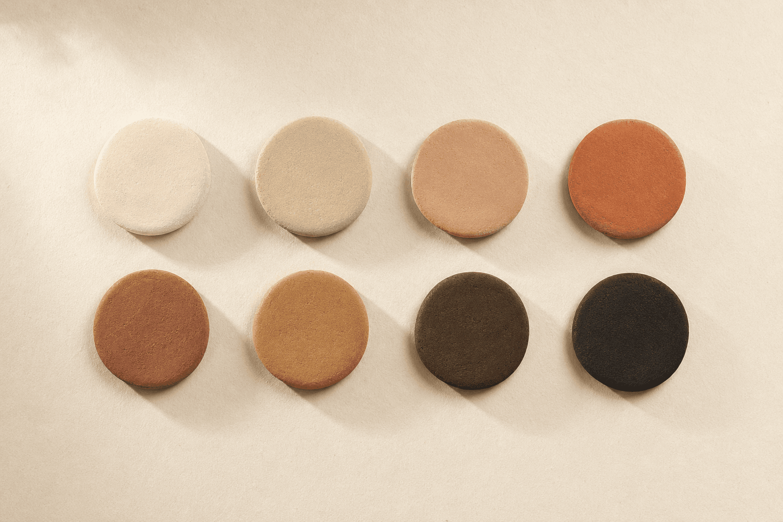 Eight clay coins arranged in a grid, representing the eight criteria