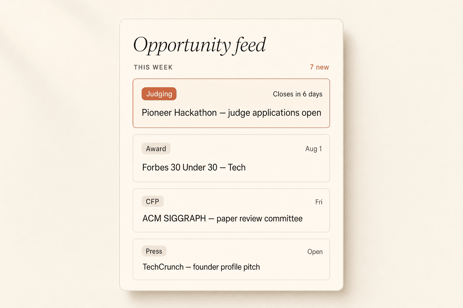 An opportunity feed listing upcoming hackathons, awards and judging panels